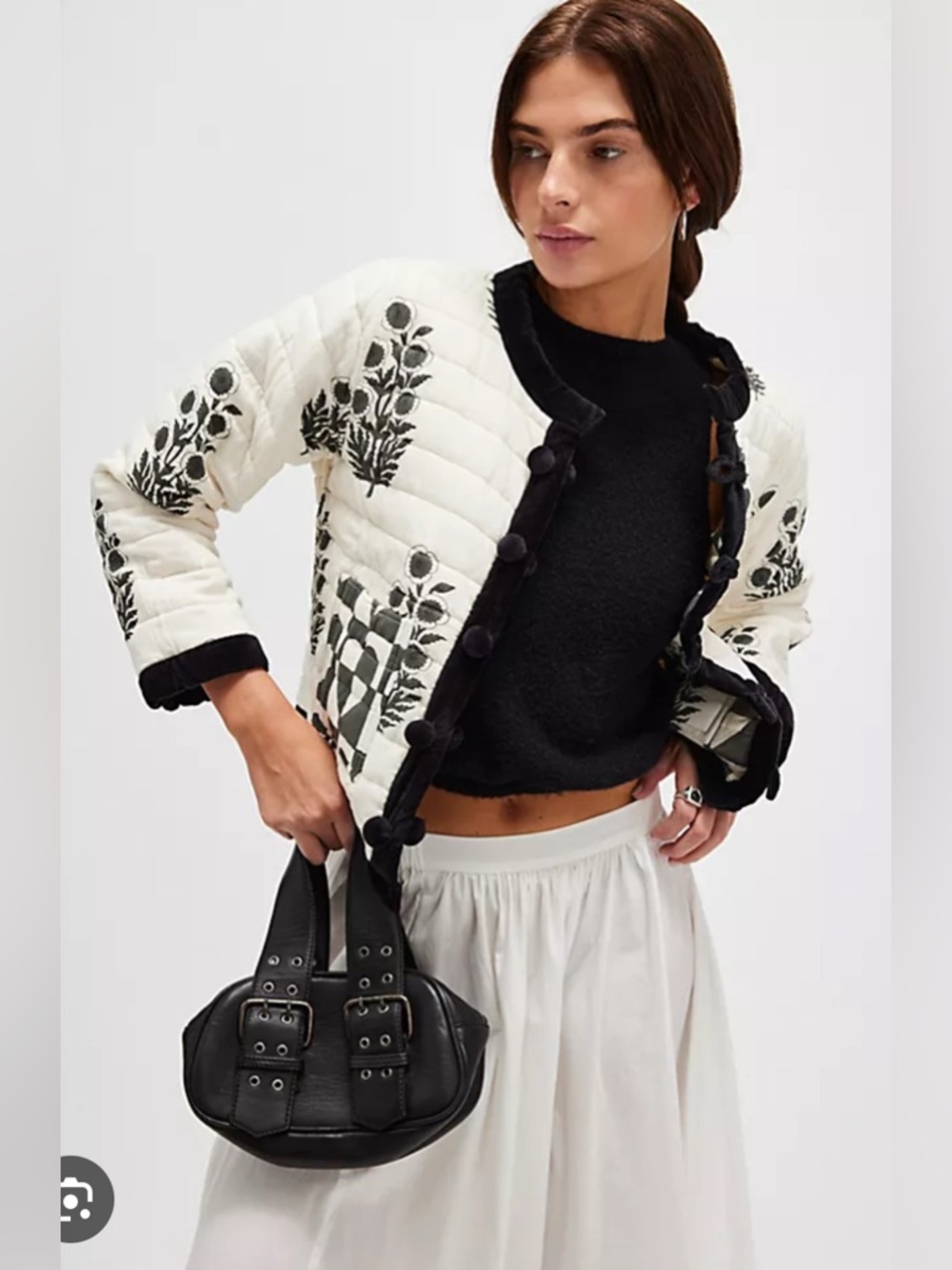 NWT Free People Ivory Quilted Jacket with Black Floral Print size medium
